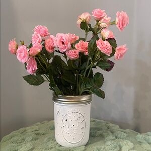 Pink Rose Arrangement in White Mason Jar